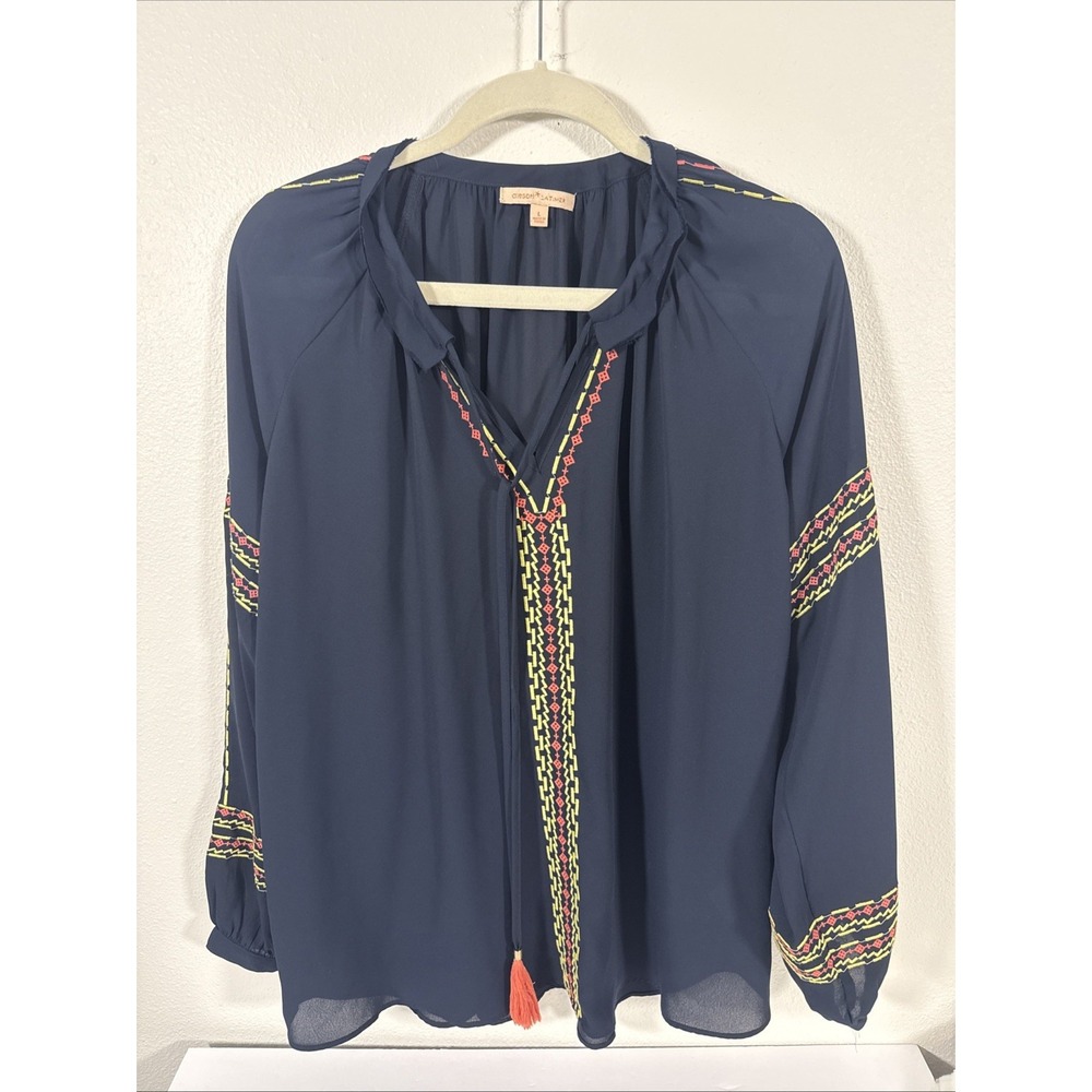 NWT Gibson Latimer Navy Embroidery 100% Polyester Top Tunic V Neck Tie Large‎ M1